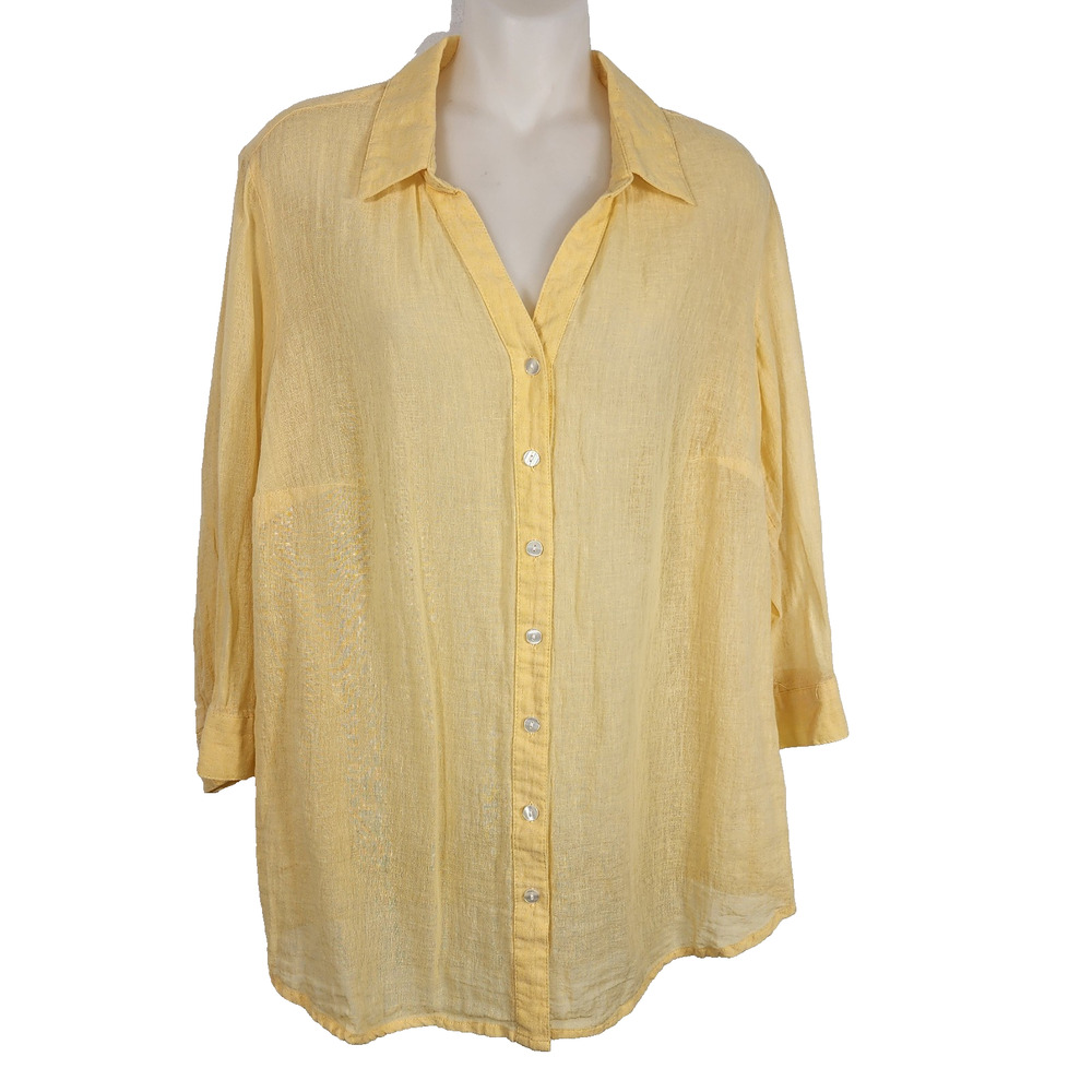 Coldwater Creek Womens Shirt 3/4 Sleeve Linen Cotton Blend Button XL 16 Sheer